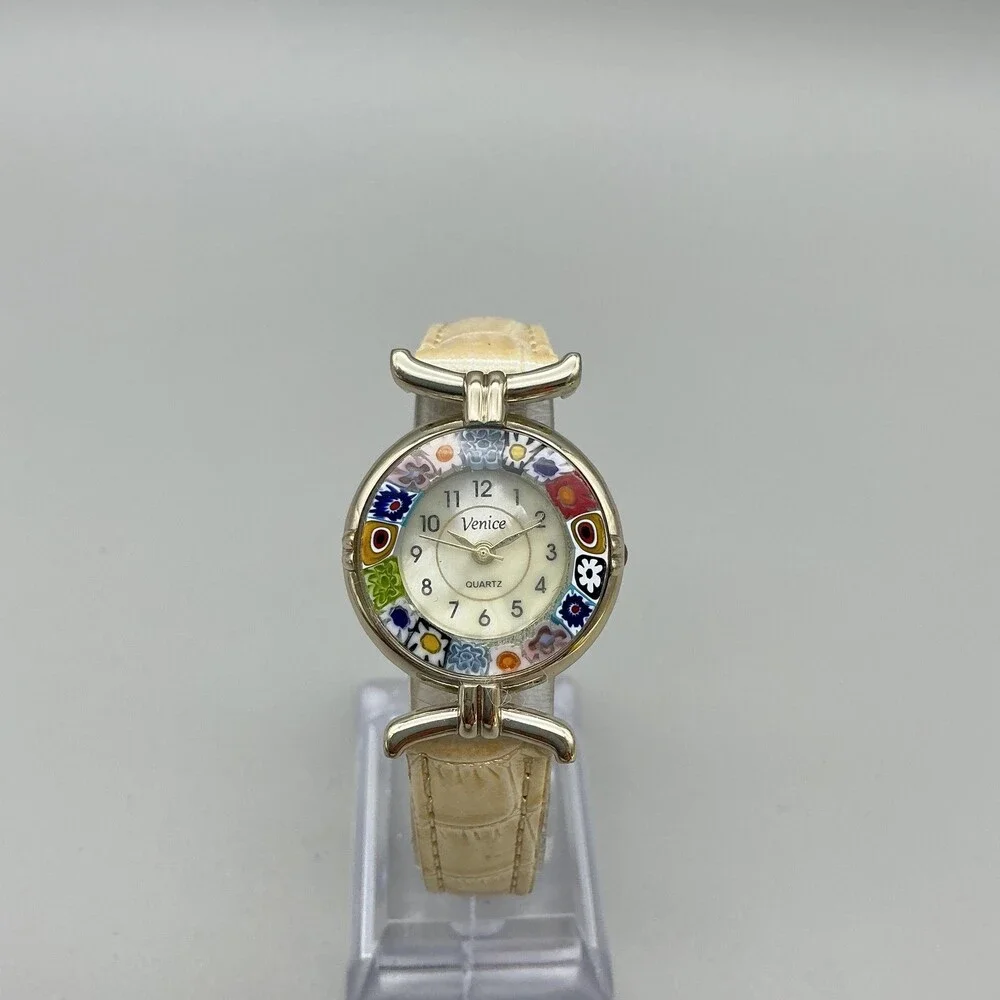 Venice Womens Watch 27mm Multicolor Floral Bezel Gold Tone Leather New Battery